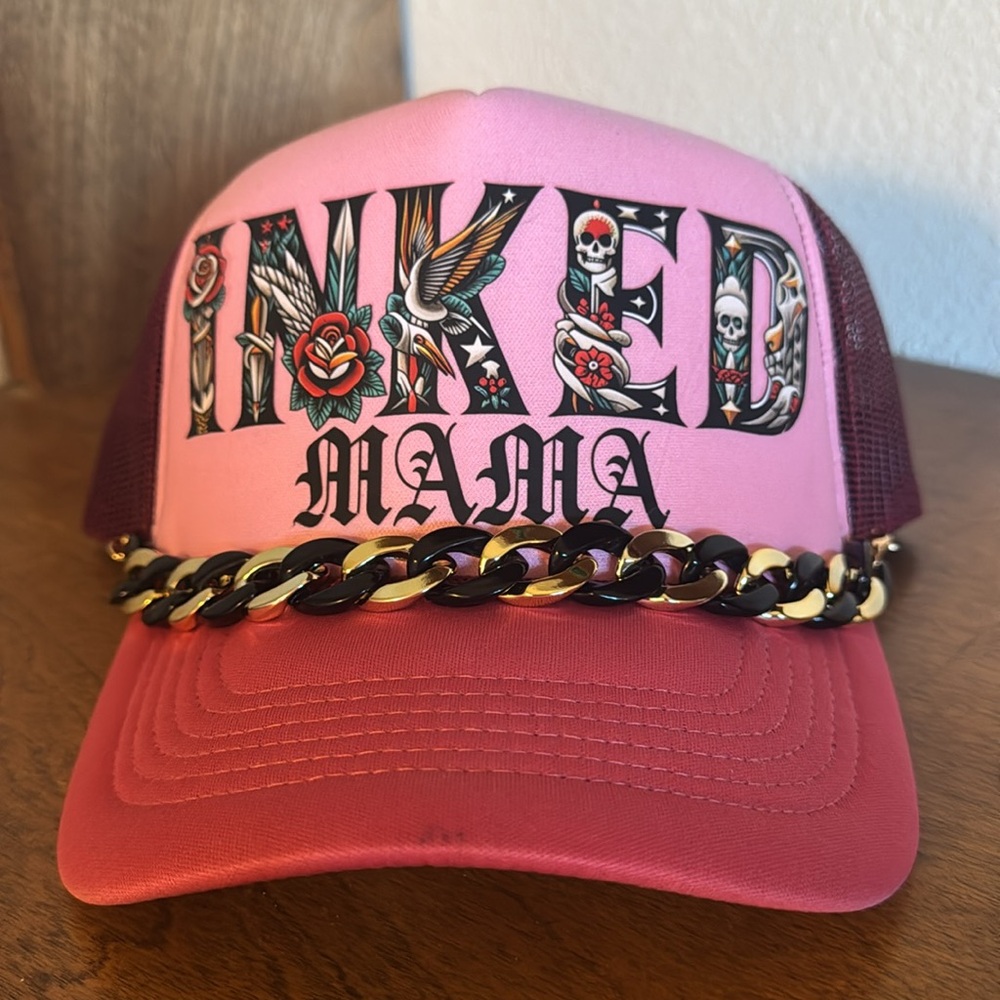Inked Mama Pink and Red Trucker Hat with hat chain